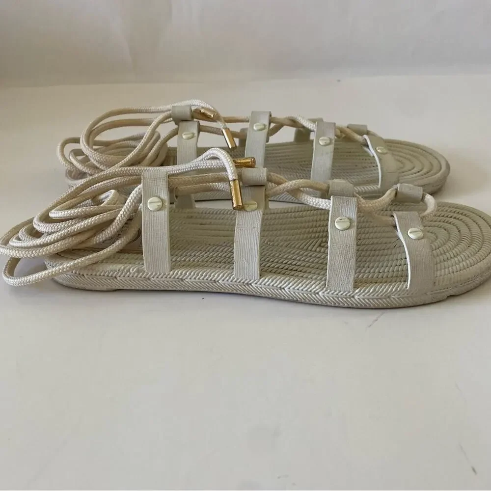 Tory Burch Lace Up Gladiator Rope Strappy Ankle Wrap Flat Sandals Off White - Picture 10 of 10